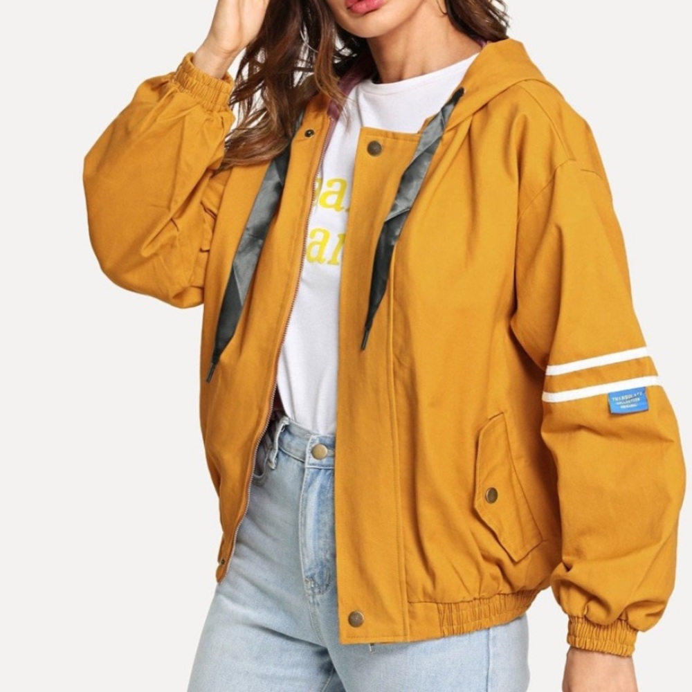 Mustard yellow hooded bomber jacket